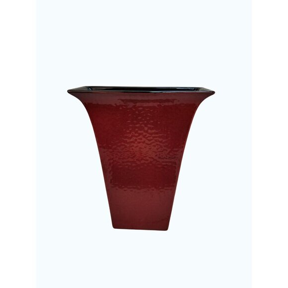 Red Textured Ceramic Vase With Glossy Black Interior Rectangular Flared Design 1 - Picture 6 of 16